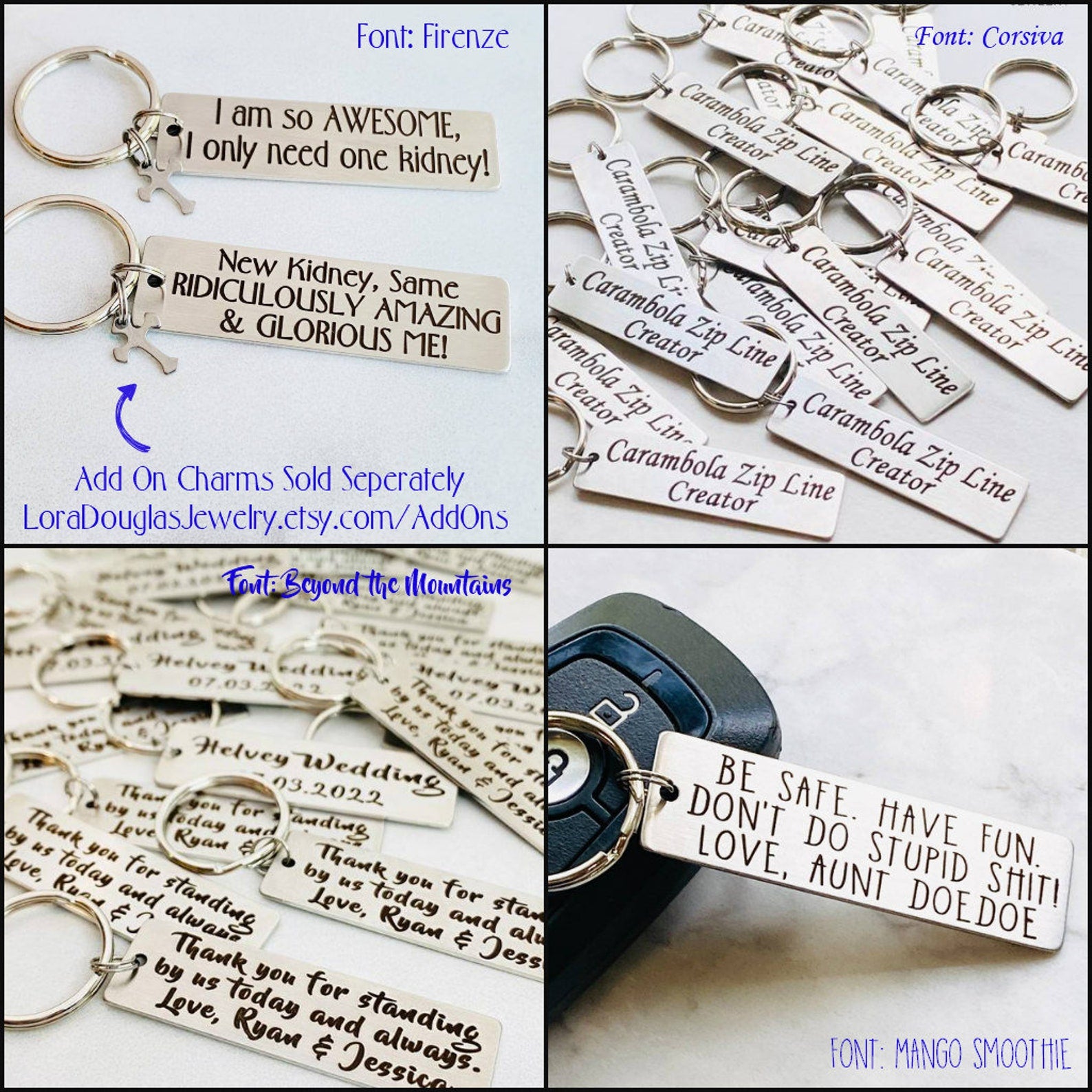 A stainless steel keychain with a laser engraved personalized message. The keychain has a rectangular tag with an example of custom text that can be added, indicating it is a personalized product.