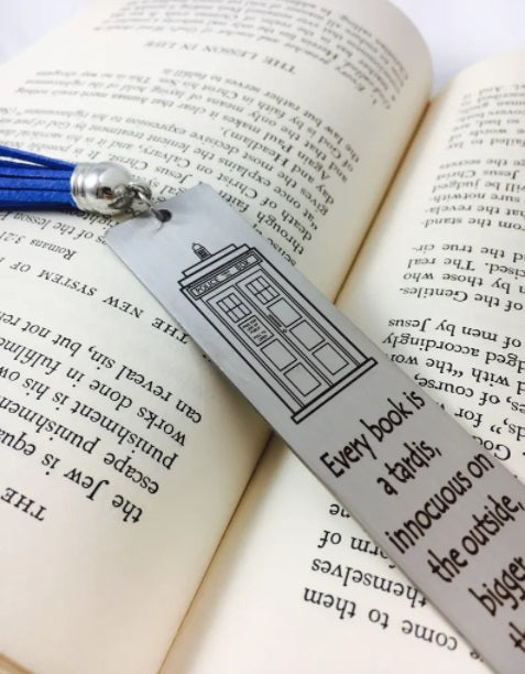 Every Book is a Tardis, Dr. Who Bookmark. Engraved Tassel Bookmark