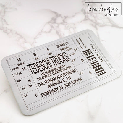  Perfect as shadow box inserts or personalized wallet cards, these custom metal concert, festival, gig, and event tickets offer a lasting tribute to unforgettable experiences. 