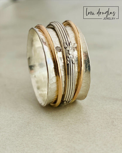 Spinner Ring, Fidget Ring, 925 Sterling Silver and Gold Filled, Size 9.5