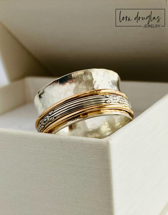 Spinner Ring, Fidget Ring, 925 Sterling Silver and Gold Filled, Size 9.5