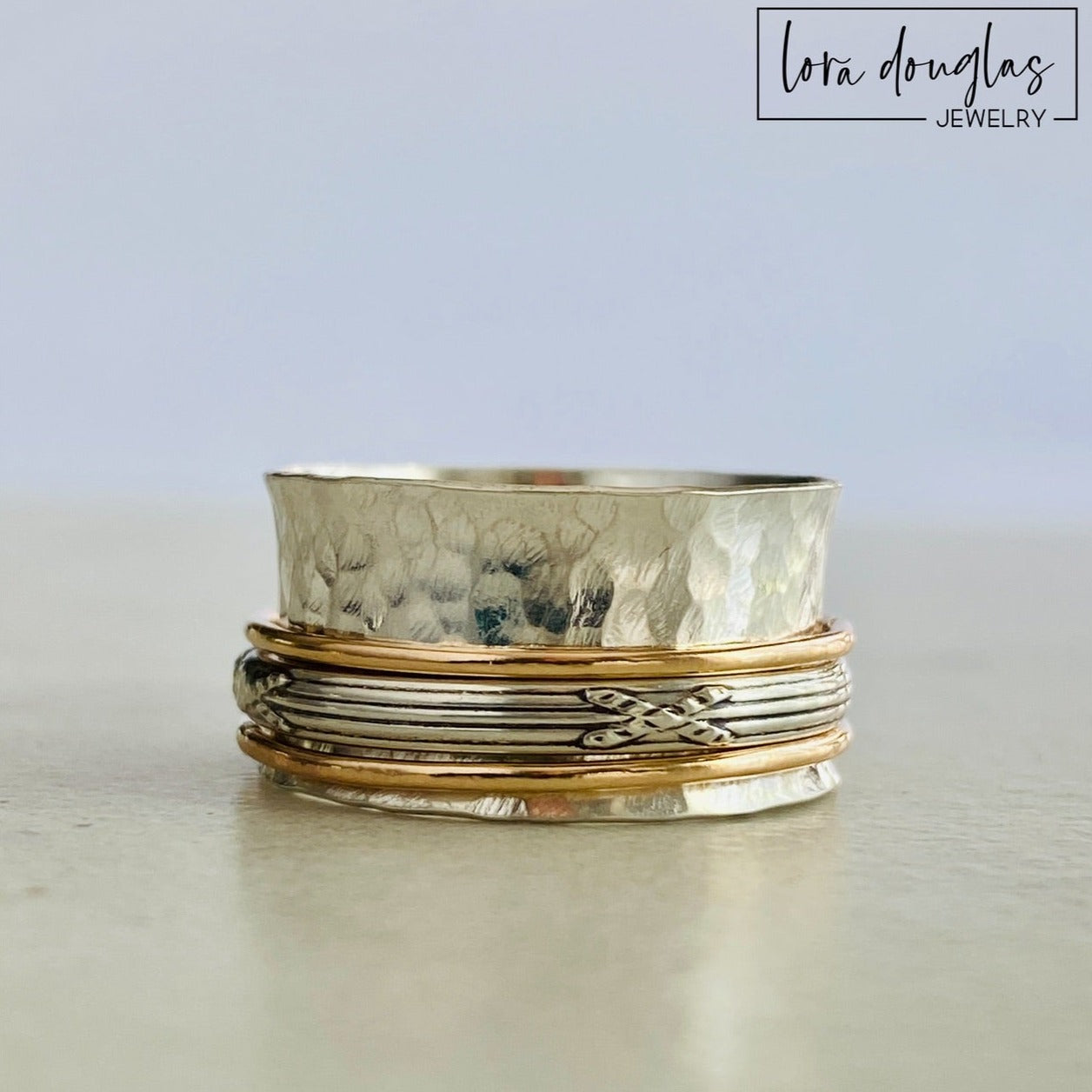 Spinner Ring, Fidget Ring, 925 Sterling Silver and Gold Filled, Size 9