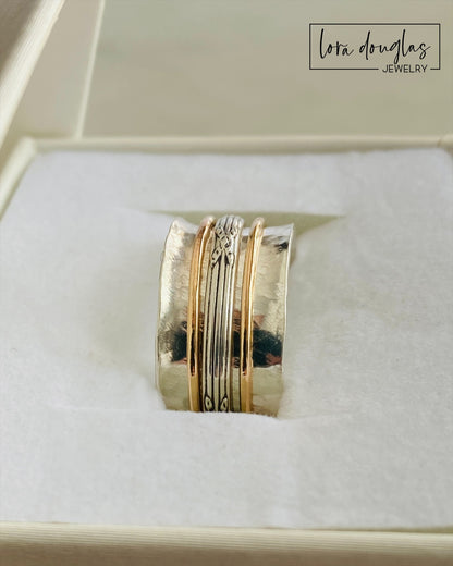 Spinner Ring, Fidget Ring, 925 Sterling Silver and Gold Filled, Size 9