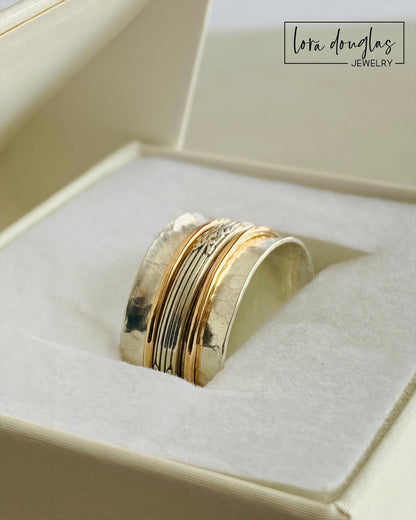 Spinner Ring, Fidget Ring, 925 Sterling Silver and Gold Filled, Size 9