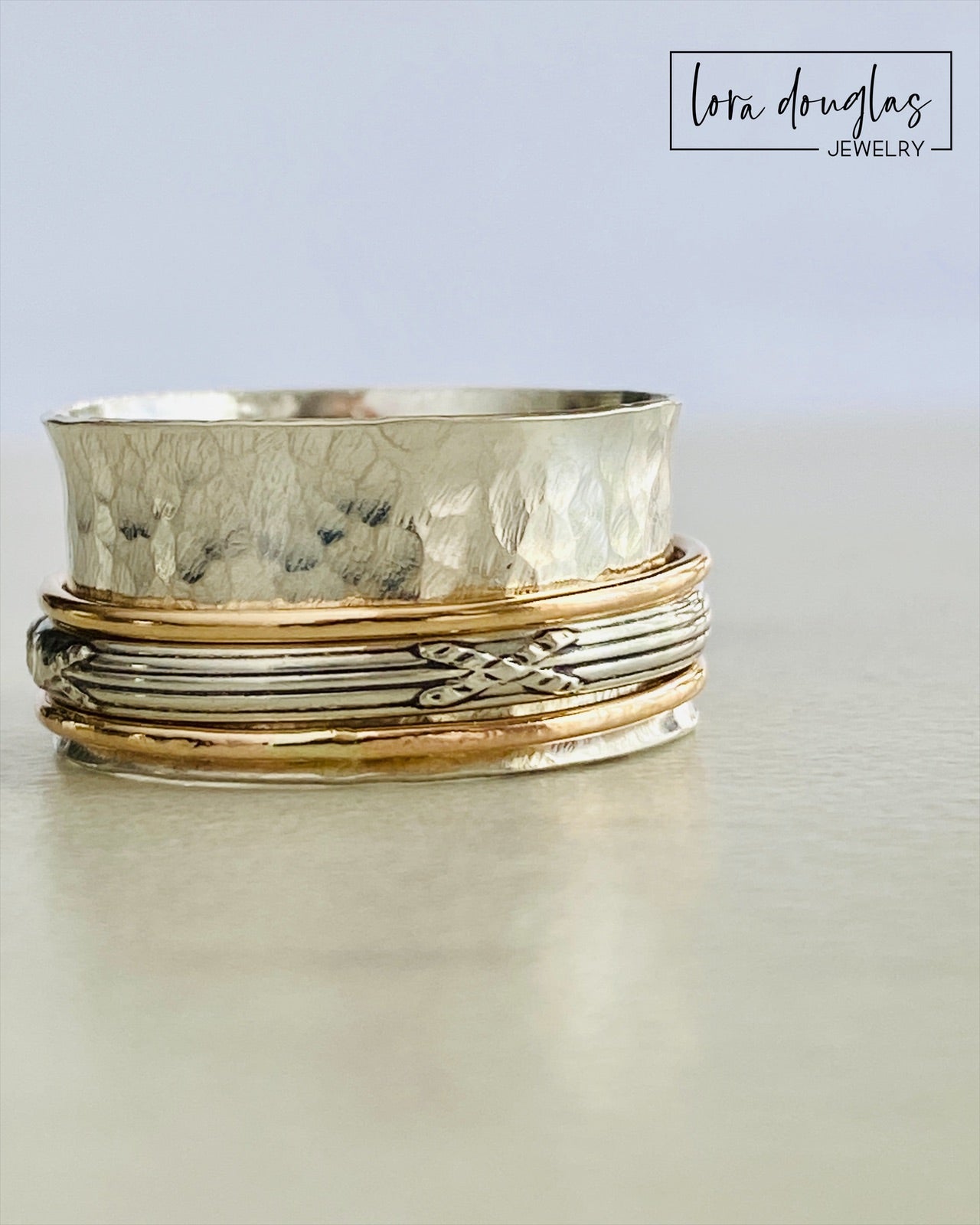 Spinner Ring, Fidget Ring, 925 Sterling Silver and Gold Filled, Size 9