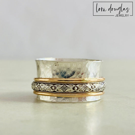 Spinner Ring, Fidget Ring, 925 Sterling Silver and Gold Filled, Size 8