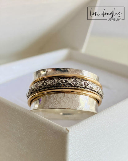 Spinner Ring, Fidget Ring, 925 Sterling Silver and Gold Filled, Size 8