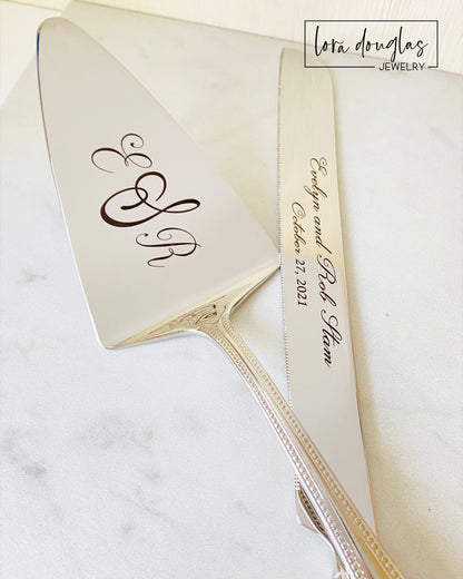 A stainless steel cake knife and server personalized with laser engraved initials and names for wedding cake cutting ceremony 