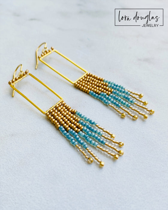 Beaded Fringe Earrings - Gold and Turquoise