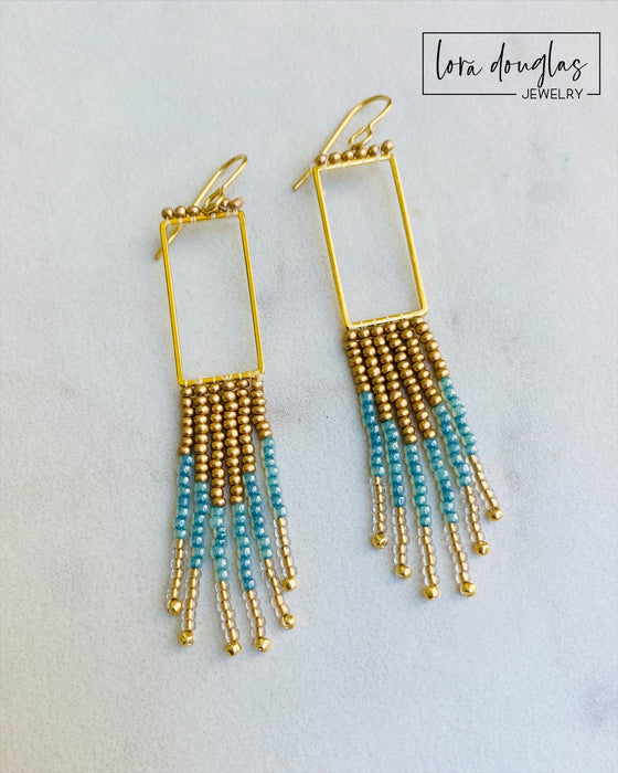 Beaded Fringe Earrings - Gold and Turquoise