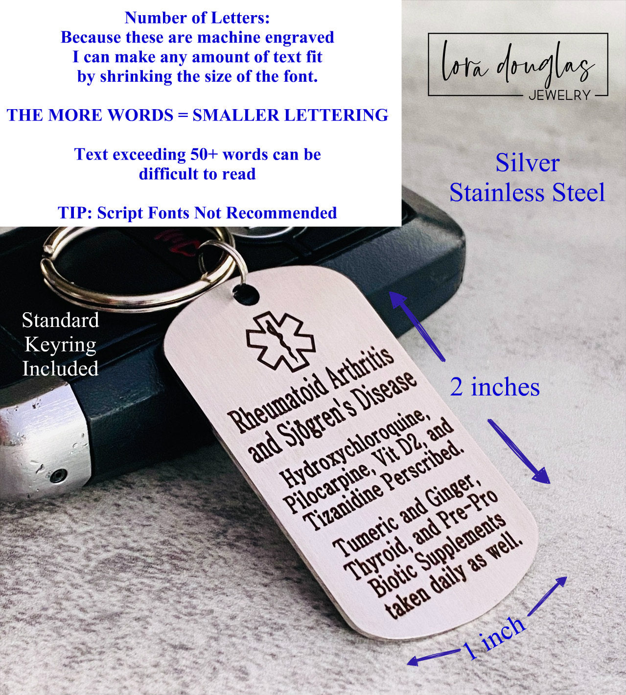 A stainless steel medical alert keychain displayed on a key. The tag has sample text for customization and indicates that additional text can be added on the back.