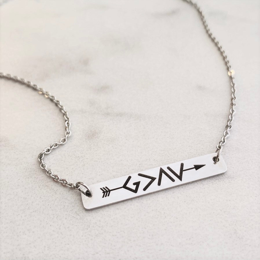 God Is Greater Than The Highs and Lows  bar necklace. Featuring a clever symbol design. Gold or silver bar necklace