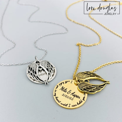 Two stainless steel memorial necklaces with swing lockets. One has a silver finish and the other has a gold tone. Angel wing charm necklace.