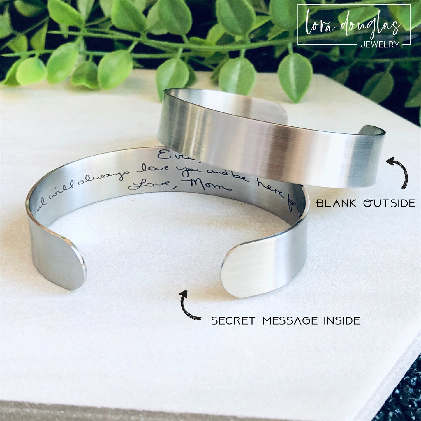 cuff bracelet with handwritten message engraved on the inside