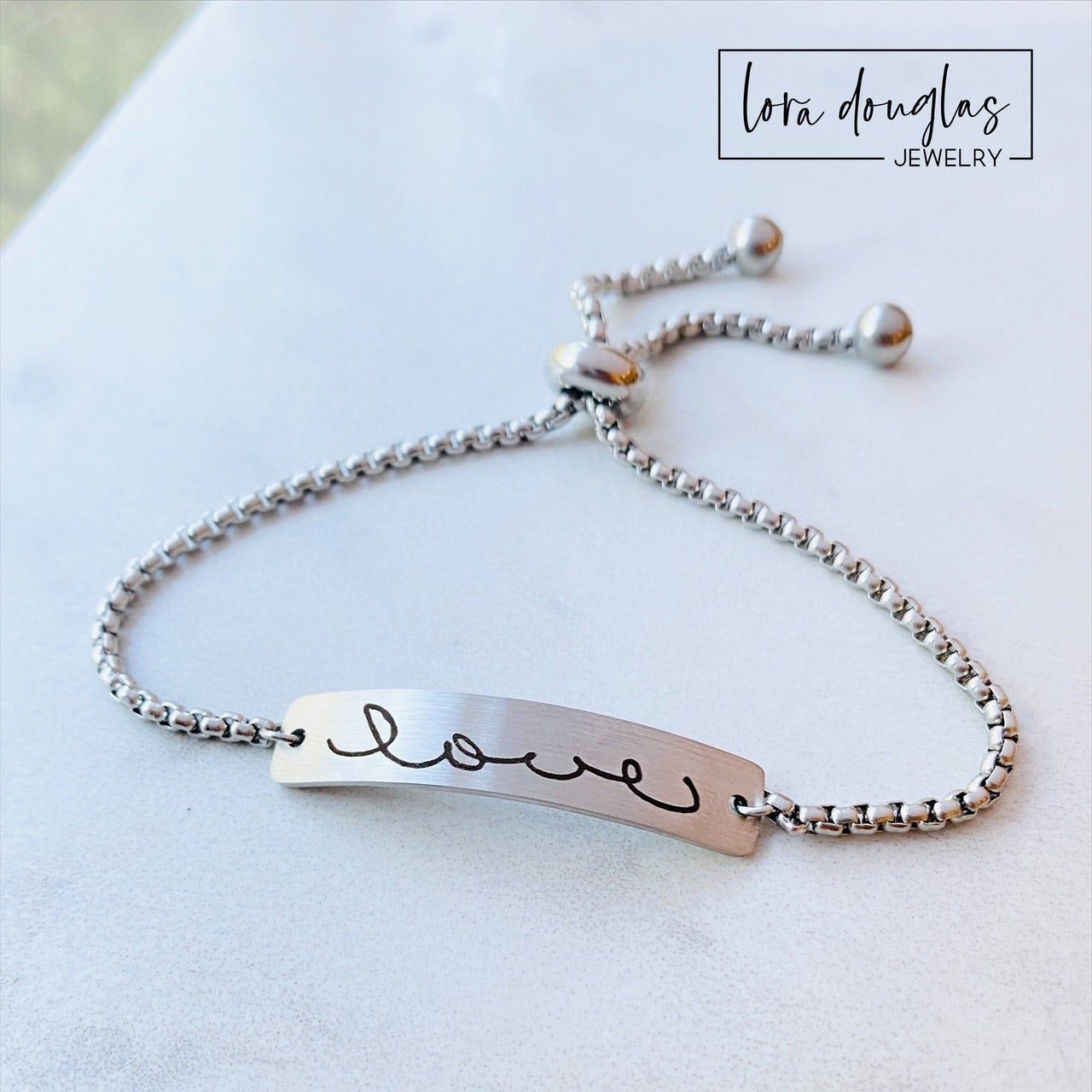 handwriting jewelry bracelet featuring real handwritten signature engraved on gold stainless steel adjustable bolo bracelet, personalized keepsake jewelry designed from meaningful handwritten notes or memorial messages