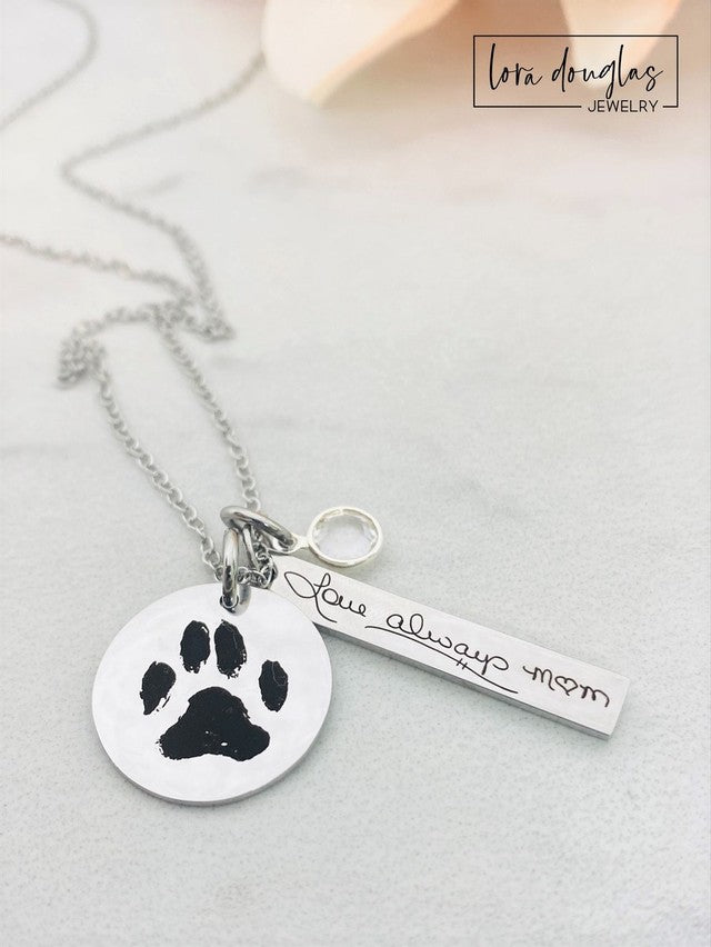 Bar Pendant Necklace Engraved with Handwriting, Silver