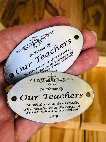 This engraved memorial plaque offers a timeless way to honor loved ones or commemorate special moments. Crafted for clarity and durability, it serves as a meaningful dedication on benches or other surfaces. Please note that hardware for mounting is not included, allowing you to select the best option for your installation needs. Ideal for personalized tributes, this plaque combines craftsmanship with lasting remembrance.