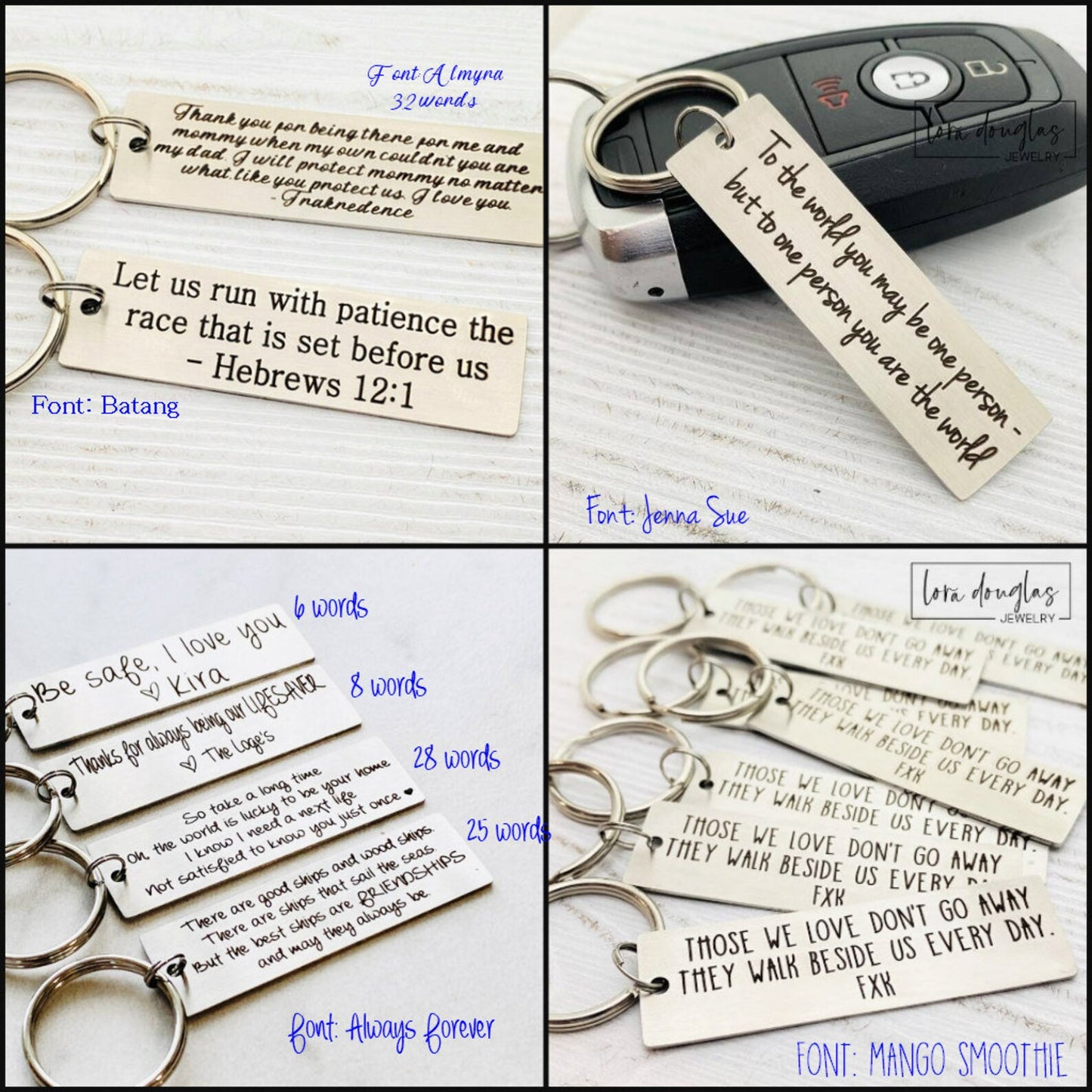 A stainless steel keychain with a laser engraved personalized message. The keychain has a rectangular tag with an example of custom text that can be added, indicating it is a personalized product.
