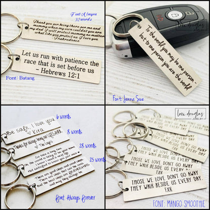 A stainless steel keychain with a laser engraved personalized message. The keychain has a rectangular tag with an example of custom text that can be added, indicating it is a personalized product.