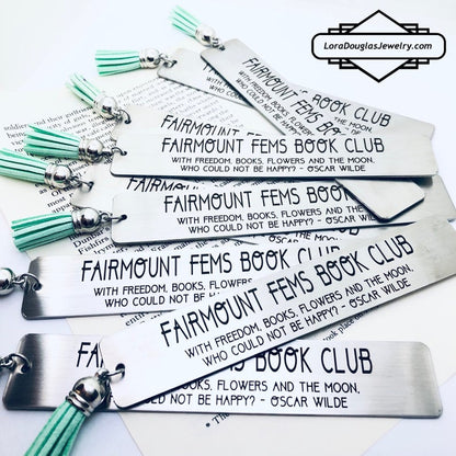 engraved metal bookmark with personalized inscription and tassel