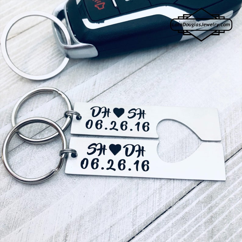 Two stainless steel keychains with laser engraved personalization