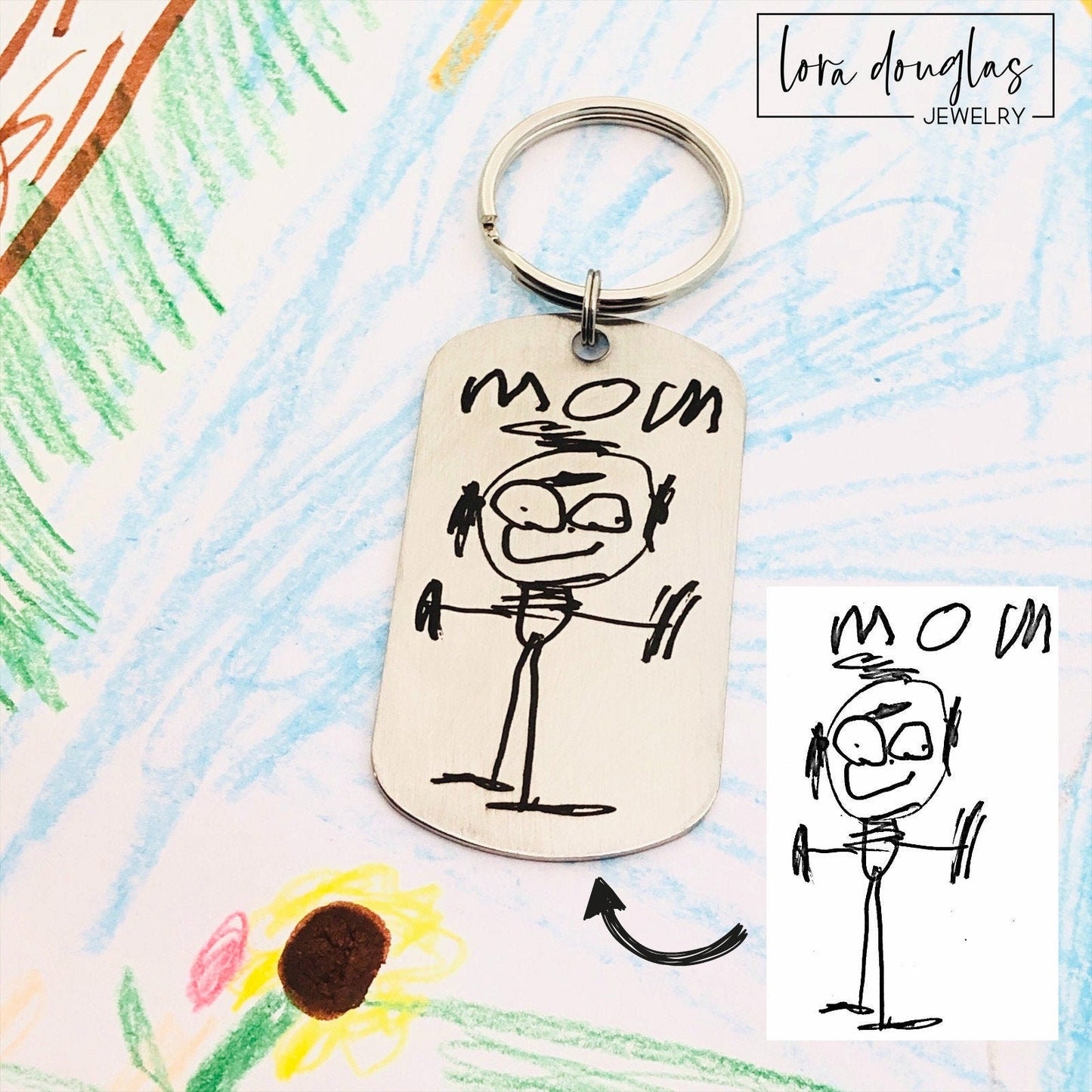 Custom Artwork Keychain, Stainless Steel Engraved Keychain, Custom Engraving, Engrave Your Child&#39;s Artwork or Handwriting, Engraved Art