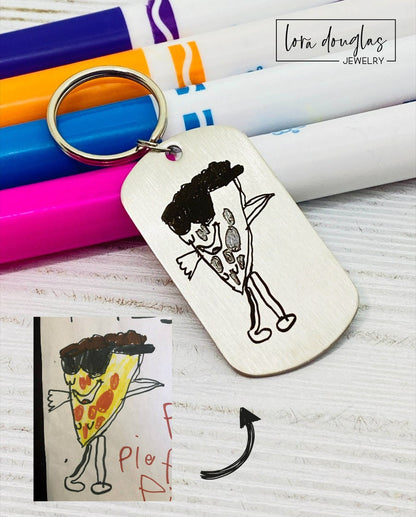 Custom Artwork Keychain, Stainless Steel Engraved Keychain, Custom Engraving, Engrave Your Child&#39;s Artwork or Handwriting, Engraved Art