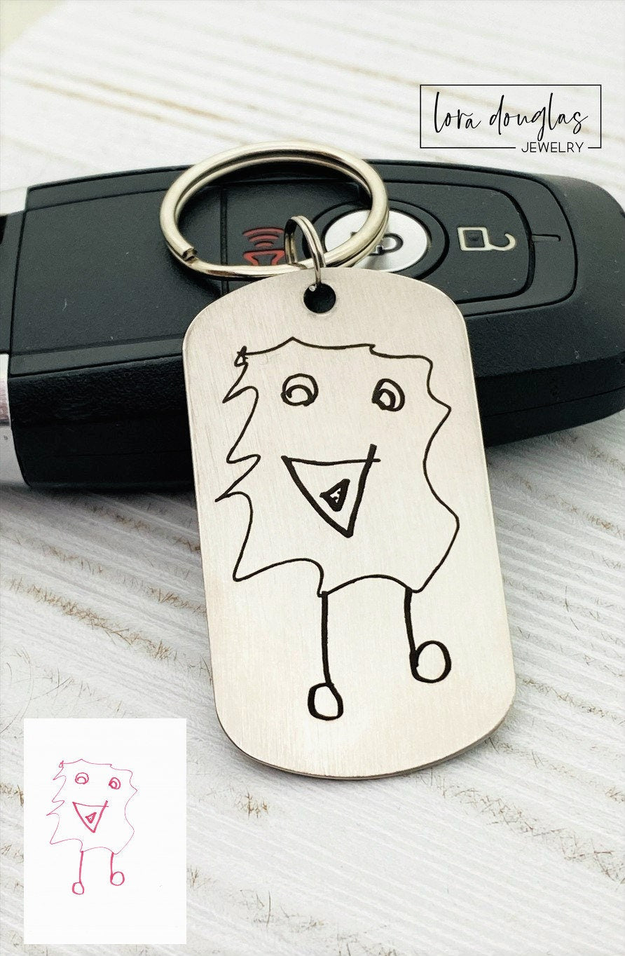 Custom Artwork Keychain, Stainless Steel Engraved Keychain, Custom Engraving, Engrave Your Child&#39;s Artwork or Handwriting, Engraved Art