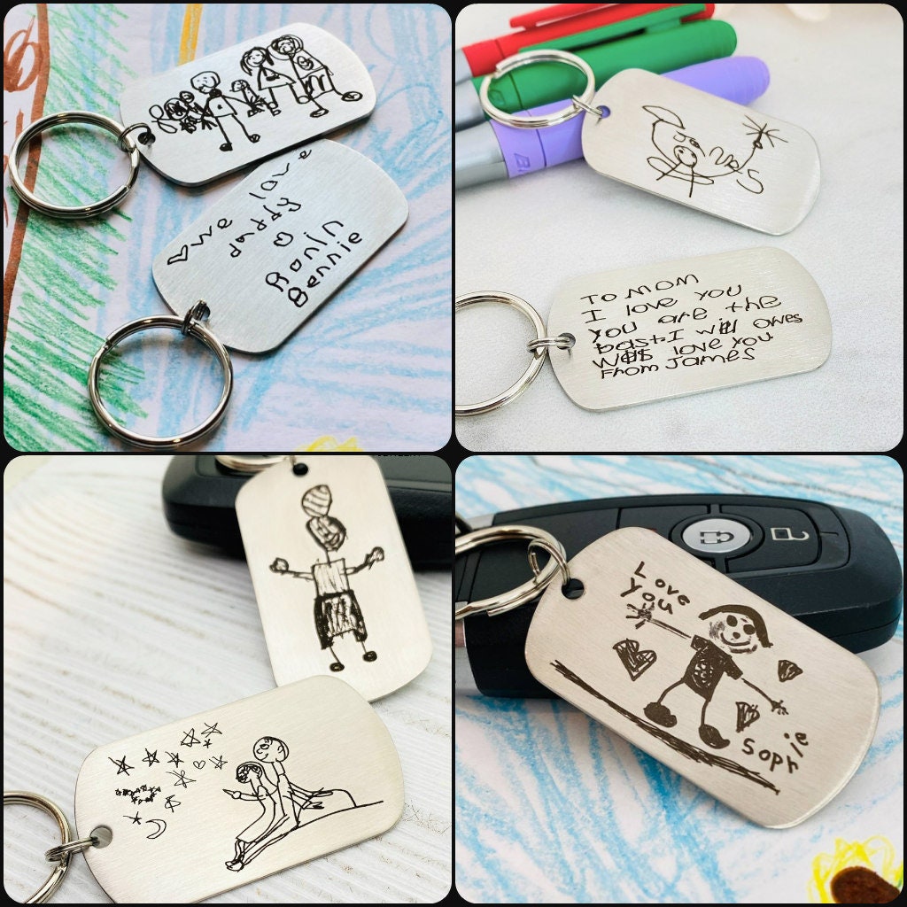 Custom Artwork Keychain, Stainless Steel Engraved Keychain, Custom Engraving, Engrave Your Child&#39;s Artwork or Handwriting, Engraved Art