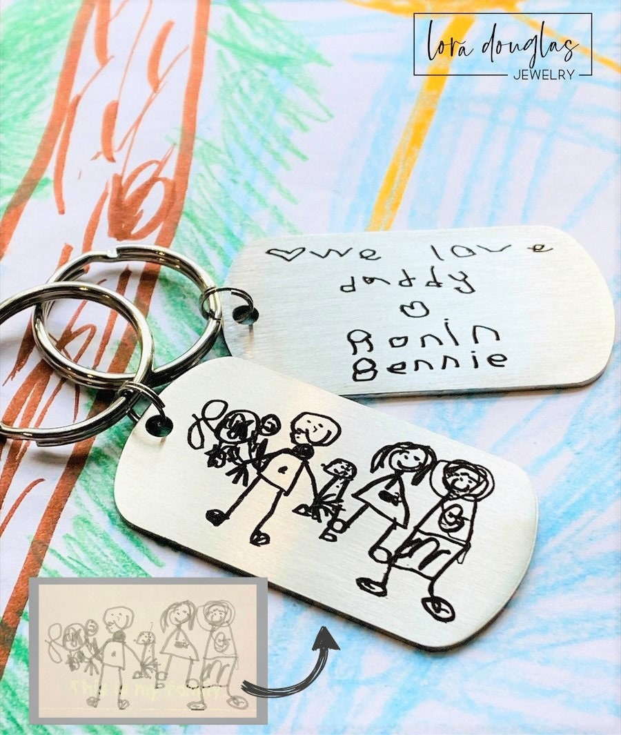Custom Artwork Keychain, Stainless Steel Engraved Keychain, Custom Engraving, Engrave Your Child&#39;s Artwork or Handwriting, Engraved Art