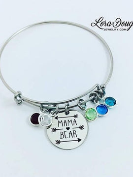 Mama Bear Birthstone Bangle Bracelet, Mama Bear Jewelry