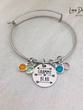 Grammy Bear Birthstone Bangle Bracelet, Mama Bear Jewelry