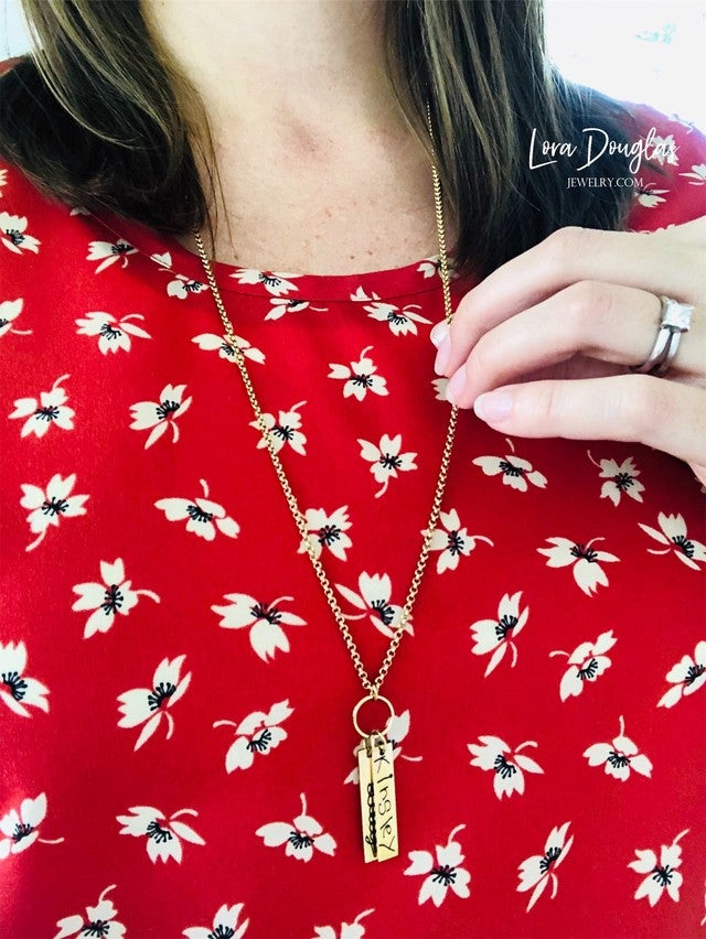 Bar Pendant Necklace Engrave with Handwriting, Silver or Rose Gold