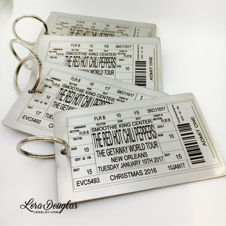 personalized concert ticket bookmark engraved with custom event details and ticket layout, stainless steel bookmark gift perfect for surprise concert reveals and commemorating special events