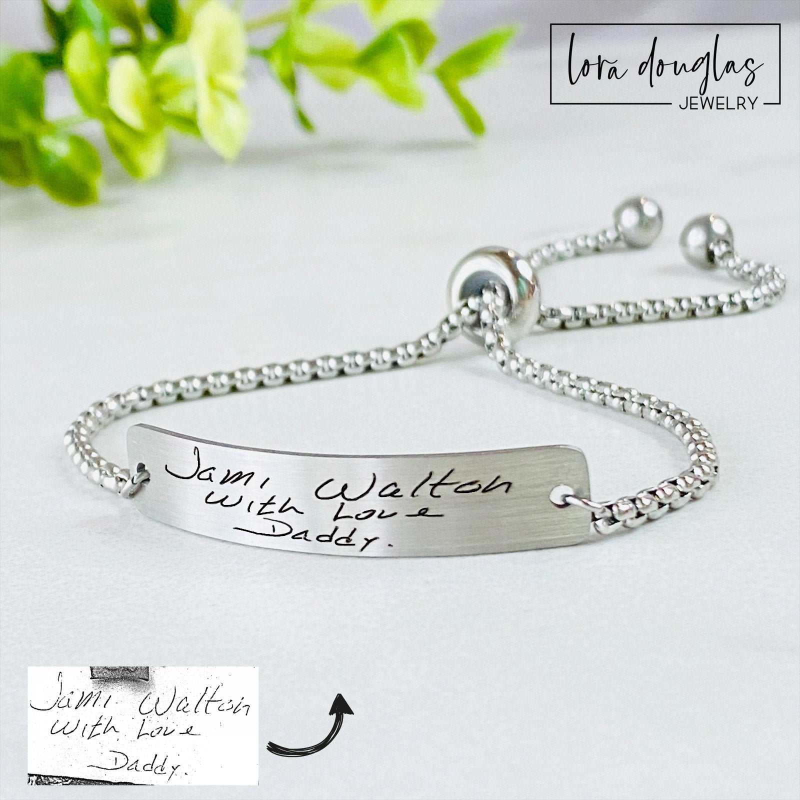 personalized engraved handwriting bracelet displayed close up showing real handwritten message laser engraved onto stainless steel plaque, adjustable bolo bracelet with polished finish and meaningful custom details