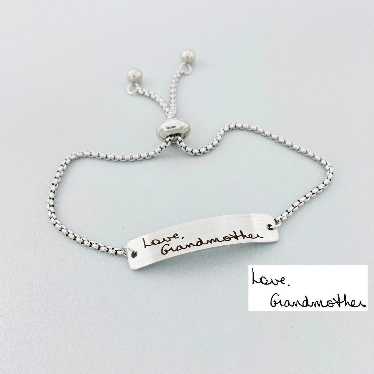 personalized handwriting bracelet engraved with real handwriting on stainless steel adjustable bolo bracelet, custom signature jewelry with polished plaque and meaningful handwritten message transformed into wearable keepsake jewelry