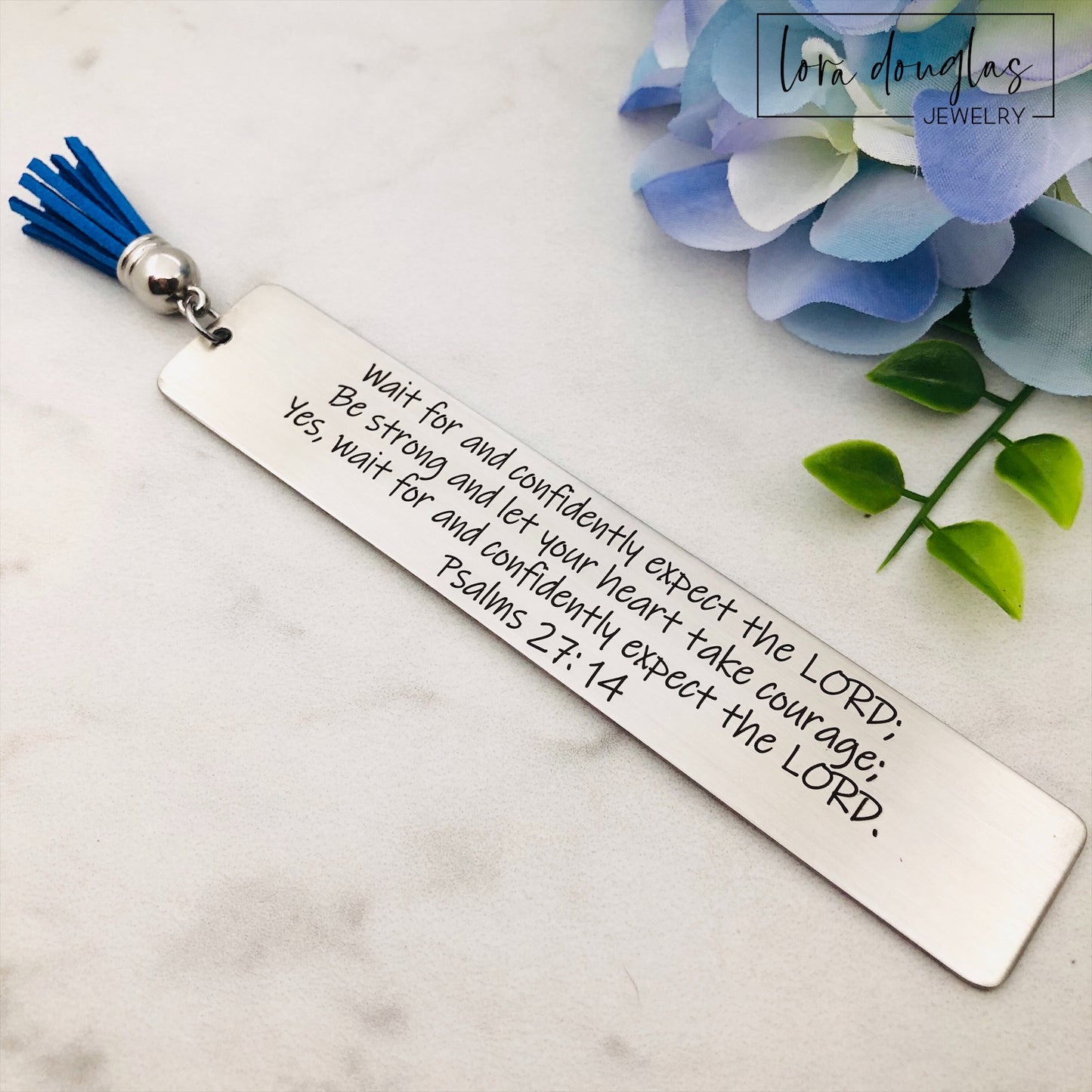 stainless steel bible verse bookmark with engraved scripture and optional front and back personalization, christian bookmark gift displayed with leather tassel and velvet pouch packaging