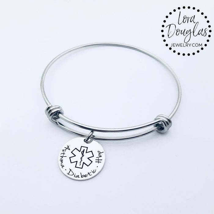 Medical Alert Bangle Bracelet, Personalized Medical Alert - Lora Douglas Jewelry